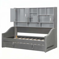 Upholstered Daybed with LED Armrest Lights, Storage Shelves & Cabinets, Pull-Out Lift-Up Twin Trundle