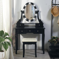 Wood Makeup Vanity Set with Oval Mirror, LED Lights, 5 Drawers & Comfortable Stool, Vanity Desk and Study Table for by Ebern Designs