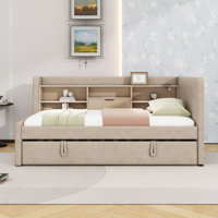 Twin Upholstered Daybed with USB Ports, Twin Trundle and Shelves by Latitude Run