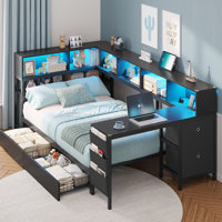 Twin Corner Bed With Bookcase Shelves And 2 Large Drawers,twin Daybed With Led Lights And Charging Station,corner Bed Frame With 39.4"l Desk,2 Fabric by Ivy Bronx