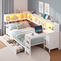 Twin Corner Bed With Bookcase Shelves And 2 Large Drawers,twin Daybed With Led Lights And Charging Station,corner Bed Frame With 39.4"l Desk,2 Fabric