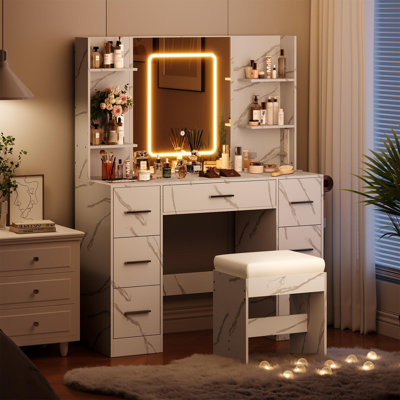 Wooden Vanity Table Set with LED Mirror, Power Outlet, Hair Dryer Rack, 7 Drawers & 6 Shelves – Makeup Desk with Stool for Women, Marble White