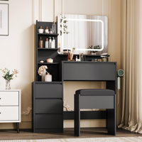 Modern LED Vanity Desk for Bedroom, 3-Light Modes, 4 Drawers, Charging Hub & Stool – 36-Inch Makeup Table by Wrought Studio