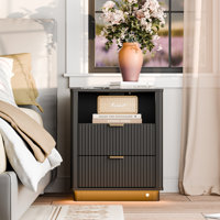 Curved Night Stand With Charging Station Lighting,Modern Side Table Storage Cabinet For Bedroom Office(1) by Wrought Studio