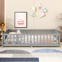 Floor Bed With Fence And Door,Rubber Wood Floor Bed With Safety Guardrails by Ophelia & Co.