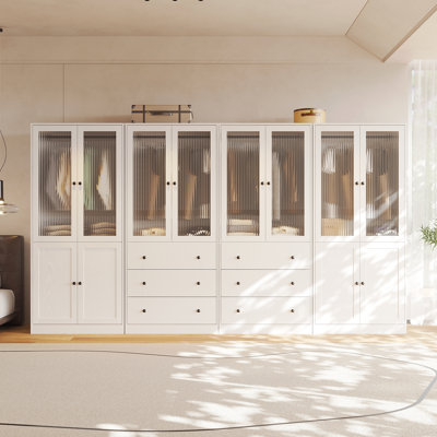 20"D x 126"W x 71"H Modern Armoire With Soft-Close Doors — Fluted Glass Wardrobe Closet With Shelves & Drawers by Latitude Run