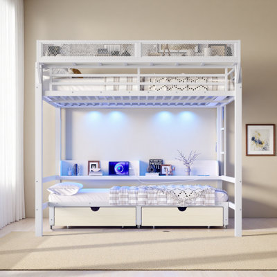 Bunk Bed With Storage Shelves And Drawers,Multifunctional Metal Bunk Beds With USB Ports And LED Lights, Lower Bed That Can Be Converted Into A Sofa by Isabelle & Max