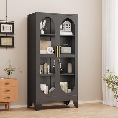 61" Tall Metal Curio Cabinet, Display Cabinet with Glass Door, 4 Tier Liquor Cabinet with 3 Adjustable Shelves, Locking Glass Display Case for Collect by Mercer41