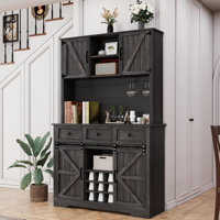 72" Coffee Bar Cabinet with Sliding Barn Door & Wine Racks, Hutch Cabinet with Storage and 3 Drawers, Farmhouse Coffee Bar with Wine Glass Holder for by Gracie Oaks