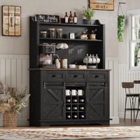 Coffee Bar Cabinet with Sliding Barn Door & Wine Racks, Hutch Cabinet with Storage and 3 Drawers, Farmhouse Coffee Bar with Wine Glass Holder for Dini