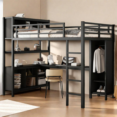 Full Size Metal Loft Bed with Wardrobe, L-Shaped Desk, Storage Cubes and Shelves by Brayden Studio