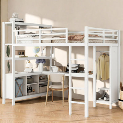 Full Size Metal Loft Bed with Wardrobe, L-Shaped Desk, Storage Cubes and Shelves by Brayden Studio