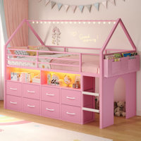 Twin Loft Bed With 8 Storage Drawers,house Shaped Metal Loft Bed With Led Lights And Bookcase,low Loft Bed With Ladder & 13.4" Guardrail,fun Space Und by Harper Orchard