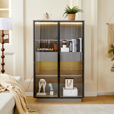 Freestanding Display Cabinet With 2 Storage Drawers, Pantry With Glass Doors & LED Lighting, Modern Bookcase With Adjustable Shelves by George Oliver
