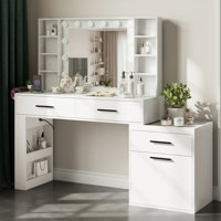 Modern Large Vanity Desk with Mirror and Lights, Makeup Vanity with 3 Color Light Modes, Vanity Table with 3 Drawers, 6 Shelves, 2 Side Shelves & Larg by Latitude Run