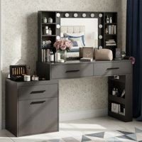 Modern Large Vanity Desk with Mirror and Lights, Makeup Vanity with 3 Color Light Modes, Vanity Table with 3 Drawers, 6 Shelves, 2 Side Shelves & Larg