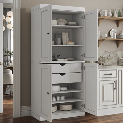 100% Solid Wood Pantry Cabinet, Shaker Doors, 2 Drawers, Adjustable Shelves, 32" Wide, 71.5" Tall by One Allium Way