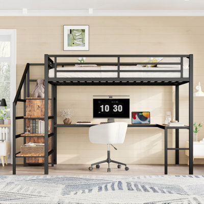 Loft Bed With L-Shaped Desk And USB, Metal Loft Bed With Wardrobe And Adjustable Shelf, High Loft Bed With LED For Kids Teens Adults by 17 Stories