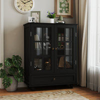 Buffet Cabinet With Double Glass Doors & Drawer, Modern Wooden Storage Sideboard Cupboard For Living Room, Dining Room Hallway Entryway, Cabinets, Bla