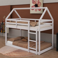 Twin-Over-Twin Floor Bunk Bed With House-Inspired Roof And Ladder, Loft Bunk Bed Equipped With Protective Guardrails by George Oliver