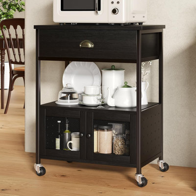 Coffee station, small microwave stand with drawer, movable farmhouse coffee station with table on wheels by 17 Stories