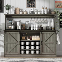 Coffee Bar Cabinet with Storage, 55 Inch Bar with Hutch, Tall Cabinet with Sliding Barn Doors, 12 Racks and 8 Hooks for Living Dining Room by Gracie Oaks