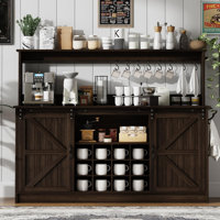 Coffee Bar Cabinet with Storage, 55 Inch Bar with Hutch, Tall Cabinet with Sliding Barn Doors, 12 Racks and 8 Hooks for Living Dining Room by Gracie Oaks