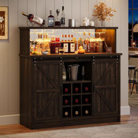 Farmhouse Coffee Bar with LED Lights, 47 inch Coffee Bar Cabinet with Storage, Wine Bar Cabinet with Wine and Glass Rack for Living, Dining Room,