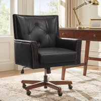 Meroy Transitional Leather Simple Assemble 360° Swivel Tilting Office Chair with Solid Wood Legs by Wildon Home