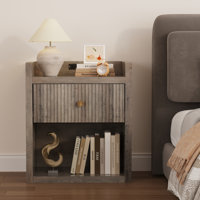 26.4" Tall Fluted Nightstand With Charging Station, Mid-Century Modern End Table With Drawer Storage, Bedside Table With Open Compartment by Latitude Run