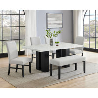 6pc Dining Set White Rectangular Marble-like Tabletop Dark-finished Base Upholstered Chairs Bench Soft Wooden Dining Room Furniture by Hokku Designs