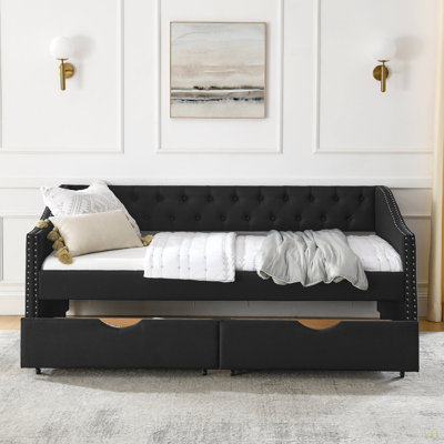 Full Daybed With Drawers Upholstered Tufted Sofa Bed, With Button On Back And Copper Nail On Waved Shape Arms) by Ebern Designs