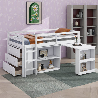 Twin Loft Bed With Drawer Shelf And Pull-Out Desk Combo by Harriet Bee