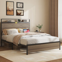 Wooden And Metal Bed Frame,Bed With Storage Headboard And Charging Station&LED Lights
