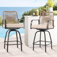 Outdoor Bar Stools Set Of 2, Patio Swivel Bar Height Rattan Bar Stools, Patio Wicker Bar Swivel Chairs With Cushion, Outdoor Pool Bar Chairs For Backy