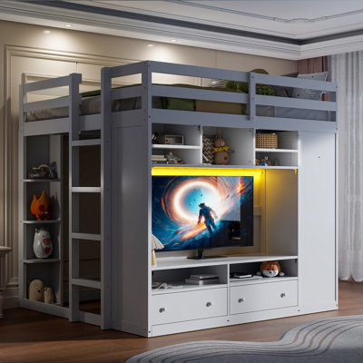 Full Size Loft Bed with Storage Drawers, Shelves, Wardrobe & LED Lighting - White by Brayden Studio