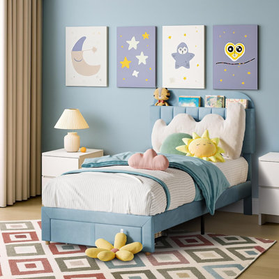 Twin Platform Bed with Velvet Upholstered Bookcase Headboard, Heavy Duty Steel Frame for Kids and Girls, Light by Mercer41