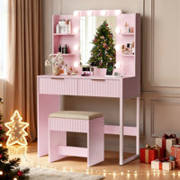 Particle Board Laminated With Textured Melamine, 2-Drawer 4-Tier Shelf, With 10 Three-Tone Dimmable Bulbs, Dressing Table Set by Wrought Studio