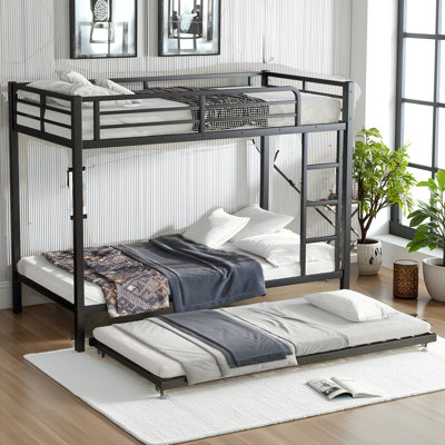 Black Twin Xl Over Twin Xl Metal Bunk Bed With Twin Trundle – Heavy Duty, Noise-free, And Safe Design by Latitude Run