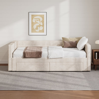 Twin Size Upholstered Extendable Daybed Frame With Trundle,Space-Saving Twin To King Design, Chenille Fabric Sofa Bed With Storage Drawers by Latitude Run