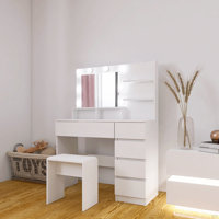 Vanity, Makeup Vanity Desk Set With Mirror & Light, Dressing Table Storage Lots With Power Strip, 3 Lighting Modes With Adjustable Brightness, 37 Inch by Ebern Designs