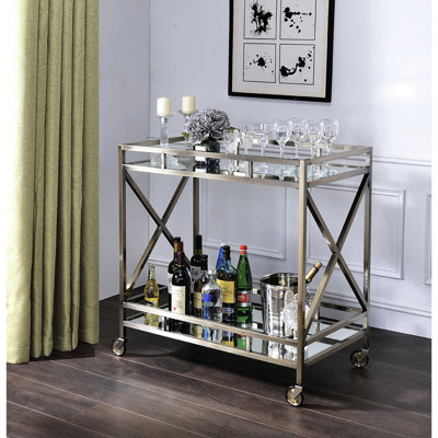 Antique Gold Metal Serving Cart Featuring Top And Open Storage Shelf With Surface Gold, Bottom by Mercer41