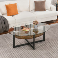 Oval Glass Coffee Table With Wooden Shelf And Metal Frame, Modern Industrial Living Room Table by Ebern Designs