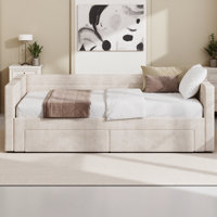 Twin Size Upholstered Extendable Daybed Frame with Trundle and Storage Drawers, Space-Saving Twin to King Chenille Fabric Sofa Bed for Living Room, Gu by Latitude Run