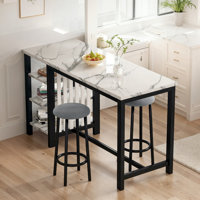 Bar Table Set For 2 With Storage Shelves, 4-Tier Faux Marble Bar Height Table With 2 Grey Velvet Upholstered Stools, Modern 3-Piece Dining Table Set O by Ebern Designs