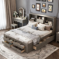 Platform Bed with Storage Headboard and 8 Drawers, Solid Wood Construction, No Box Spring Needed by Latitude Run