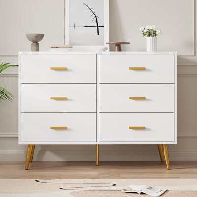 Modern 6-Drawer Wood Dresser with Gold Handles – White & Black Chest for Bedroom, Living Room, Hallway, or Entryway by George Oliver