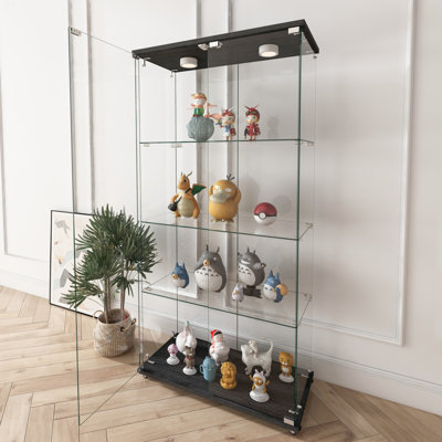 Modern Glass Display Cabinet With LED Lights, Quick-Assembly Antique Cabinet, Tempered Glass Bookshelf, Suitable For Living Room And Bedrooms, 2-Door by Ivy Bronx