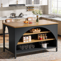 Kitchen Island With 3 Storage Shelves, 55 Inch Farmhouse Kitchen Shelf Bar Table With Large Worktop by Winston Porter