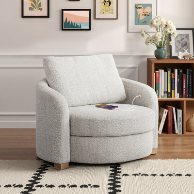 Manchester Accent Chair 44.1” Modern Farmhouse Curved Arm Easy Assembly Hidden Storage USB Power Ports Boucle Fabric by Latitude Run